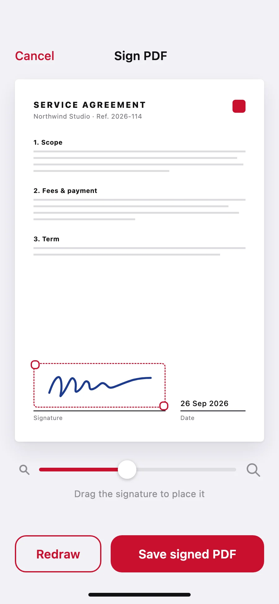 Placing a signature on a service agreement